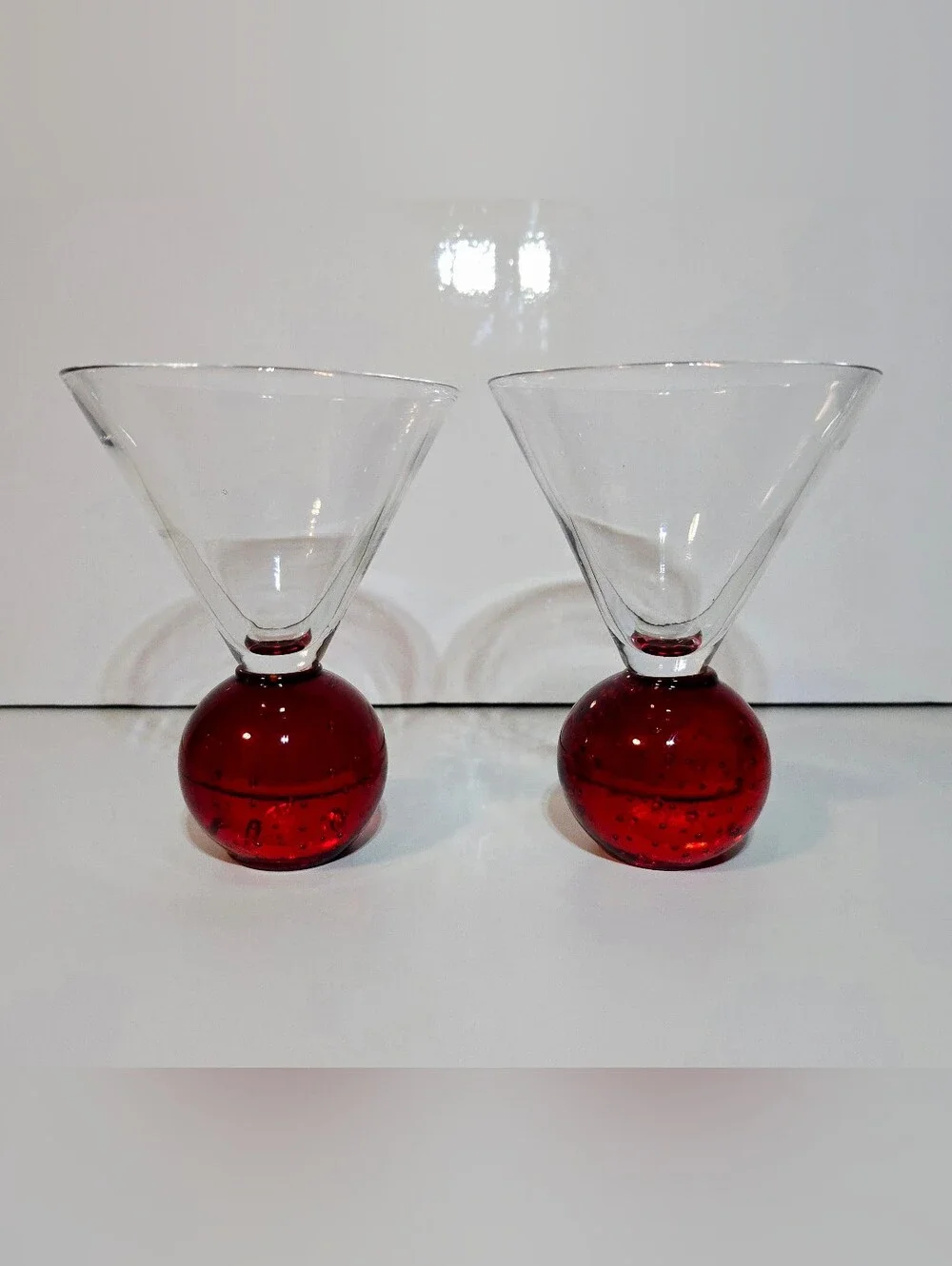 MCM Red Controlled Bubble Base Martini Glass Set of 2 Vintage Art Deco Drinkware